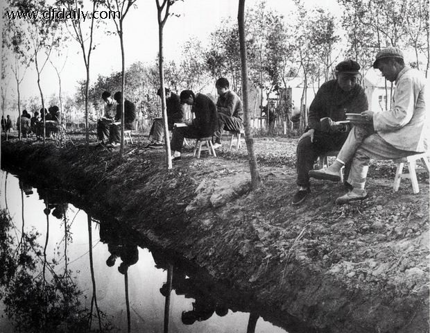 70年代五七干校：1974年4月，上海崇明岛合陇沙五七干校晨读。